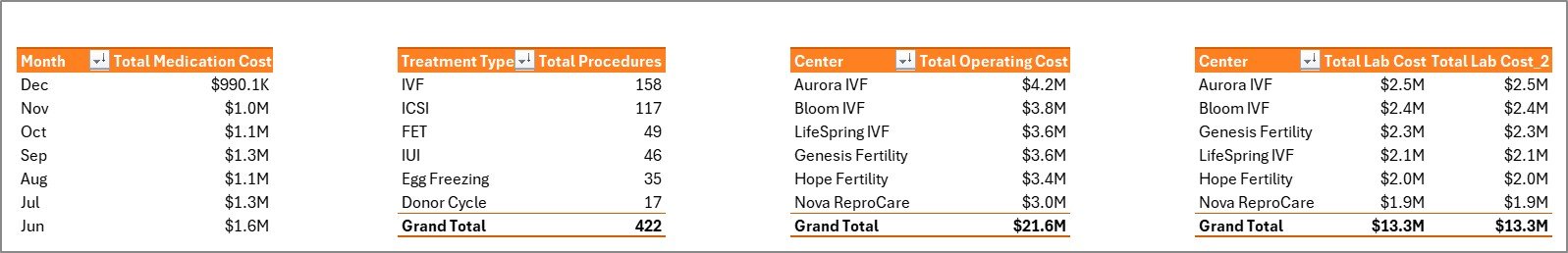 IVF Centers Dashboard in Excel support sheet tab