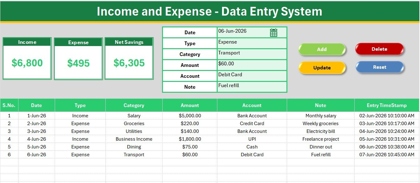 Income and Expense Data Entry System in Excel - Data Entry Dashboard