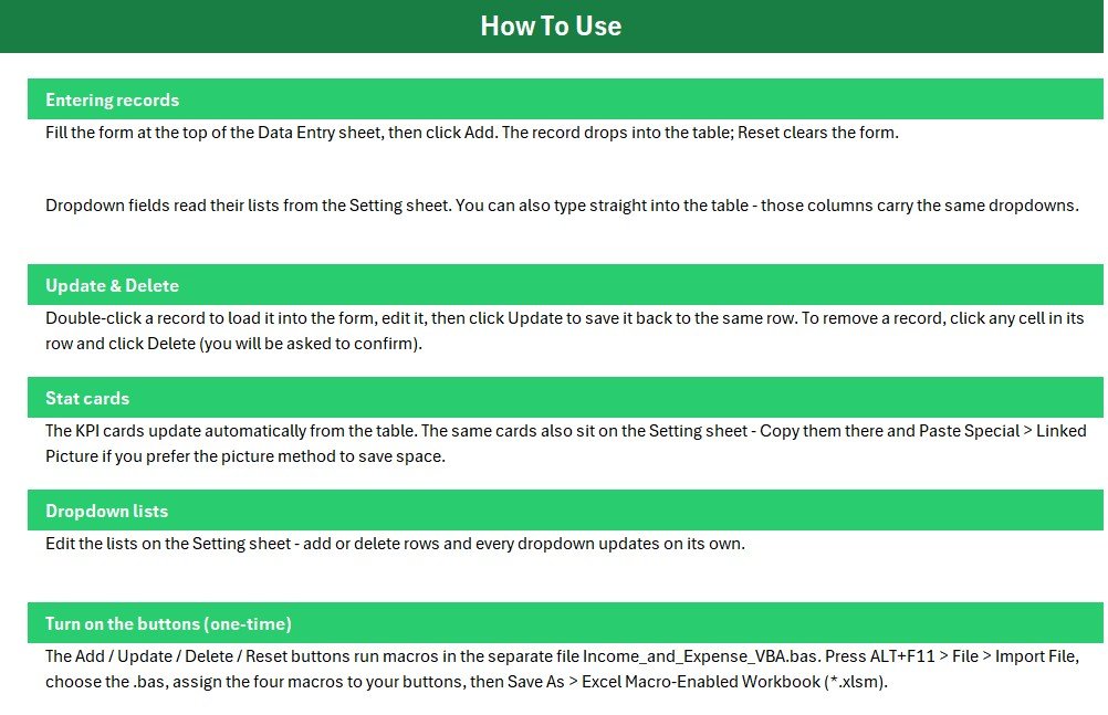 Income and Expense Data Entry System in Excel - Settings Dropdown Lists