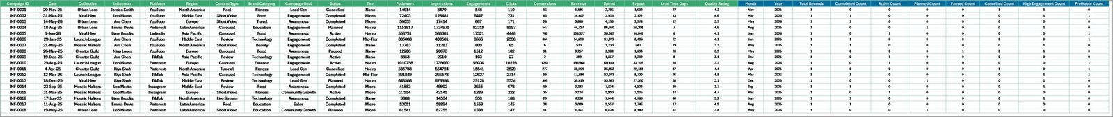 Data Sheet tab in Influencer Collectives Dashboard in Excel