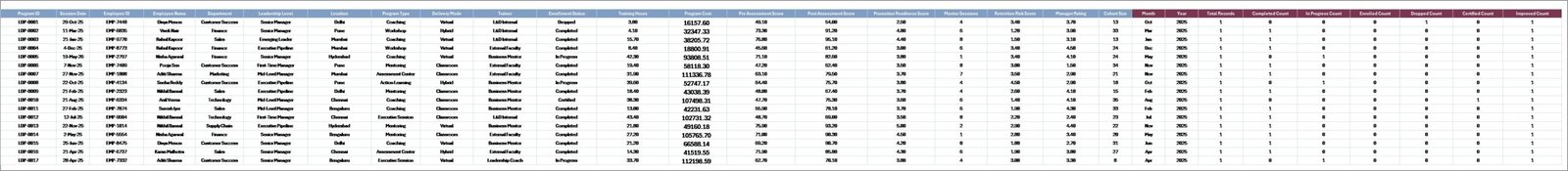 Data Sheet tab in Leadership Development Dashboard in Excel