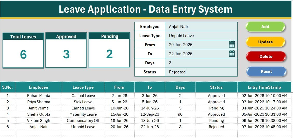 Leave Application Data Entry System in Excel