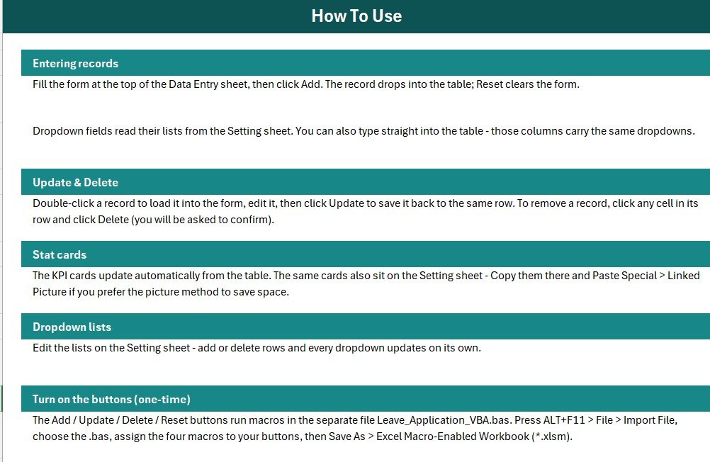 Leave Application Data Entry System in Excel - Setting and Instructions Sheets