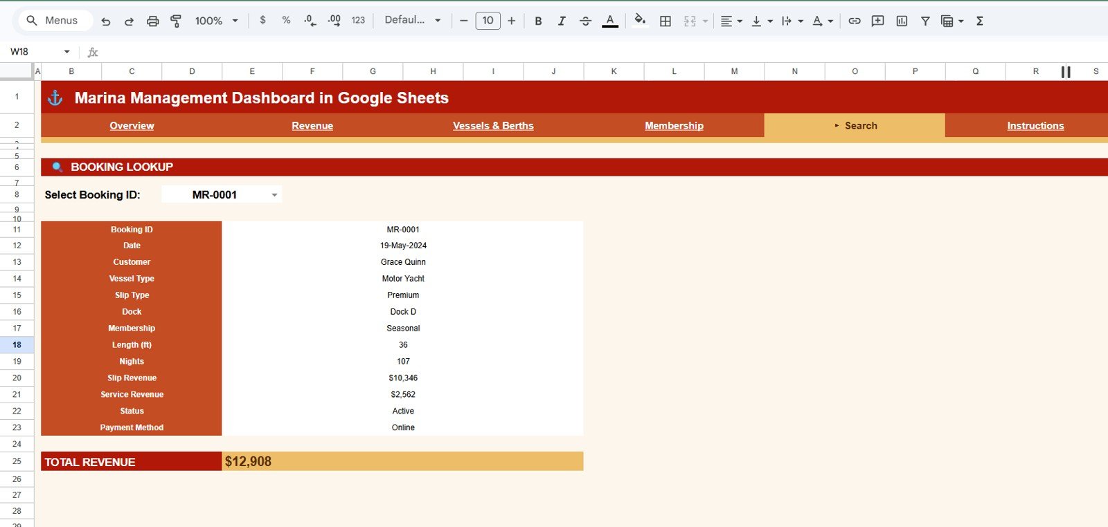 Marina Management Dashboard in Google Sheets - Search Sheet tab