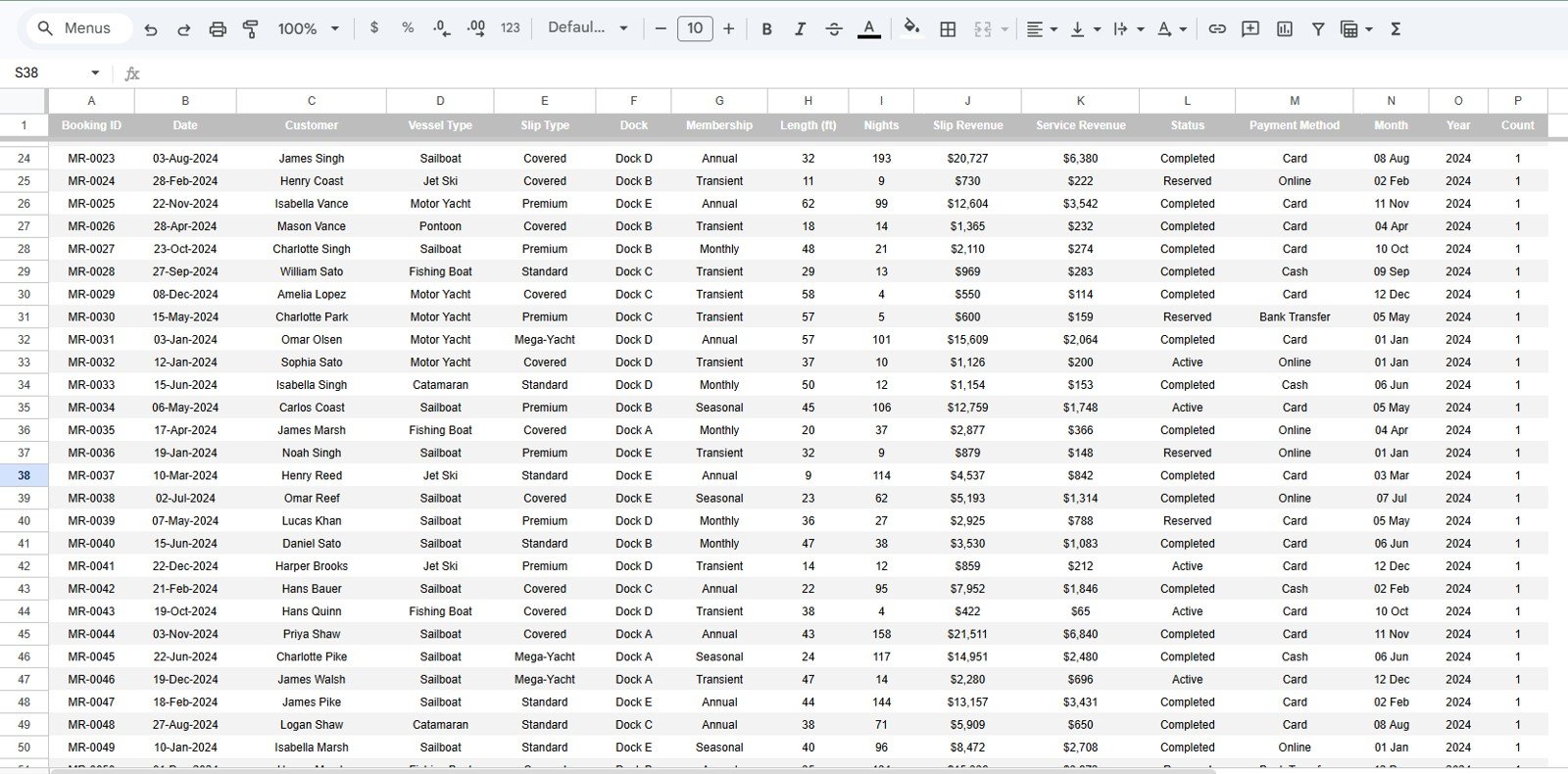 Marina Management Dashboard in Google Sheets - Data Sheet tab