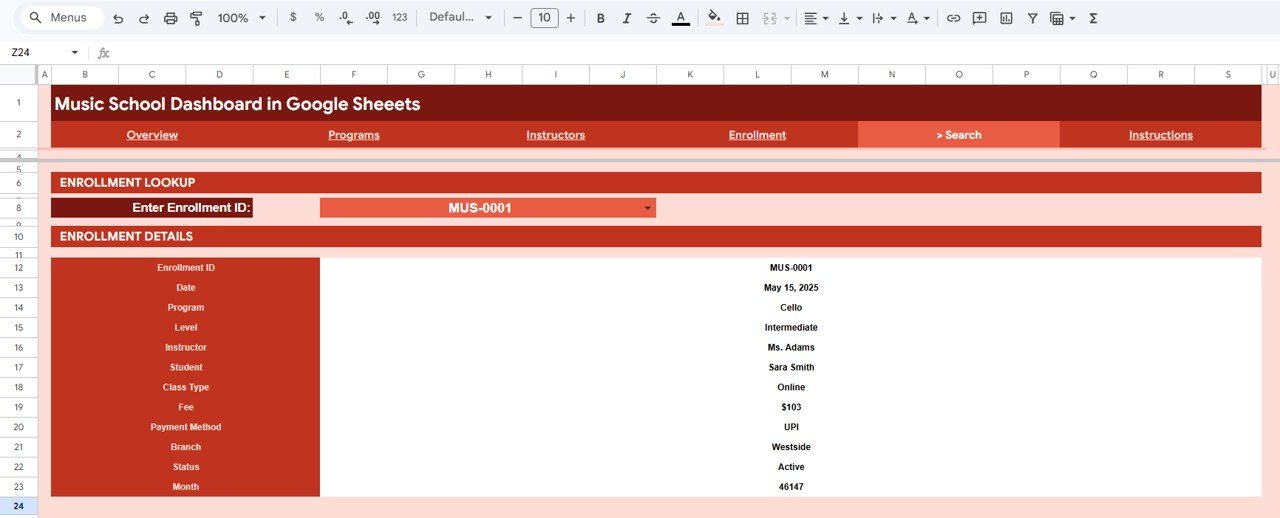 Music School Dashboard in Google Sheets Search Sheet tab