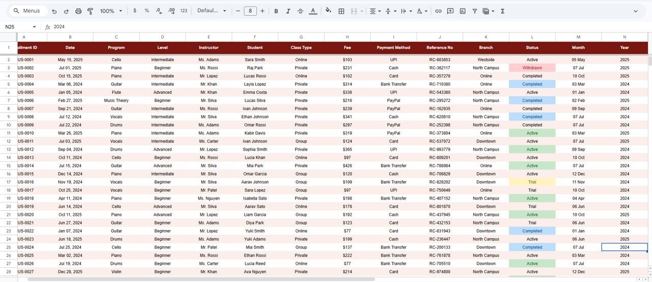 Music School Dashboard in Google Sheets - Data Sheet tab