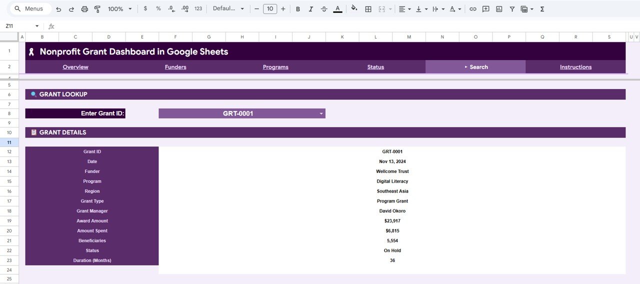 Nonprofit Grant Dashboard in Google Sheets Search Sheet