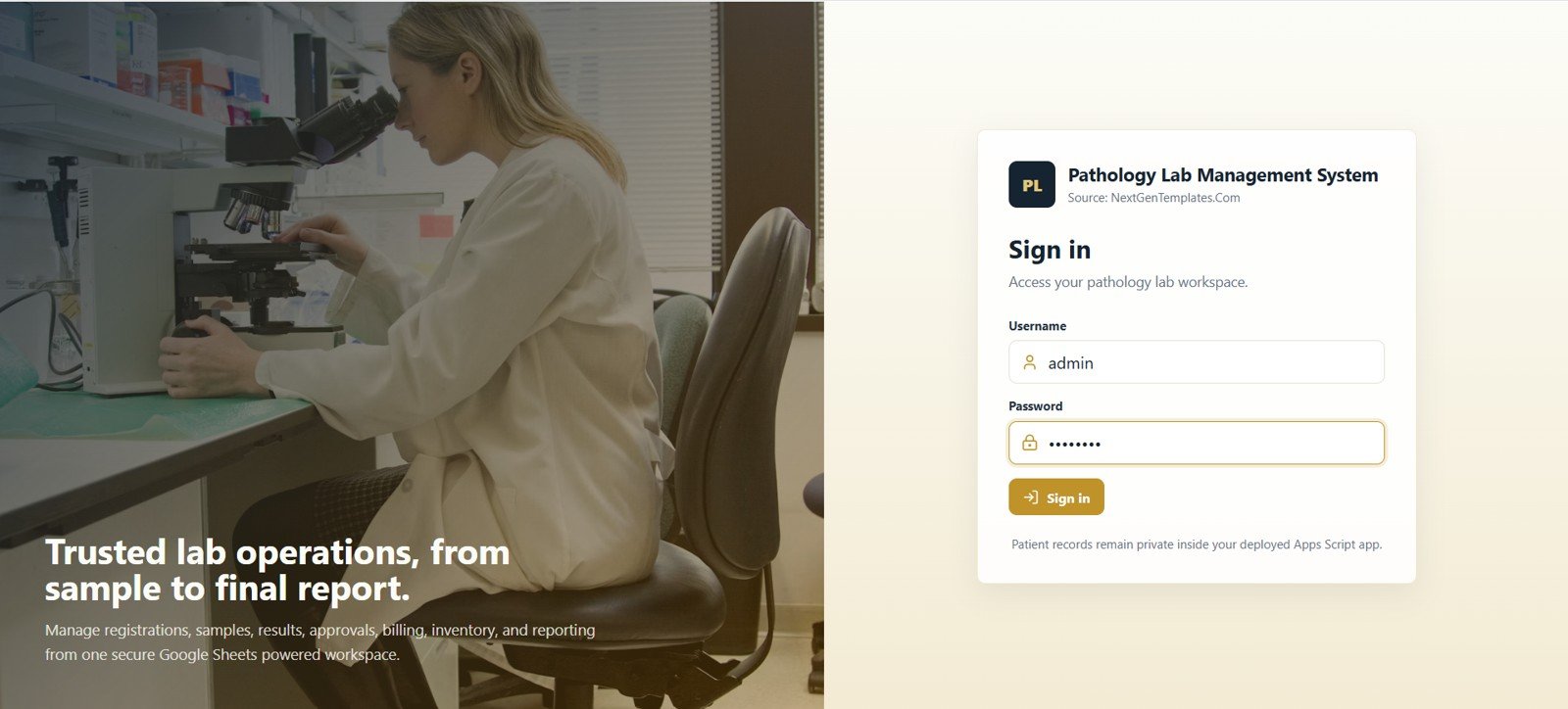 Pathology Lab Management System Web App secure login screen