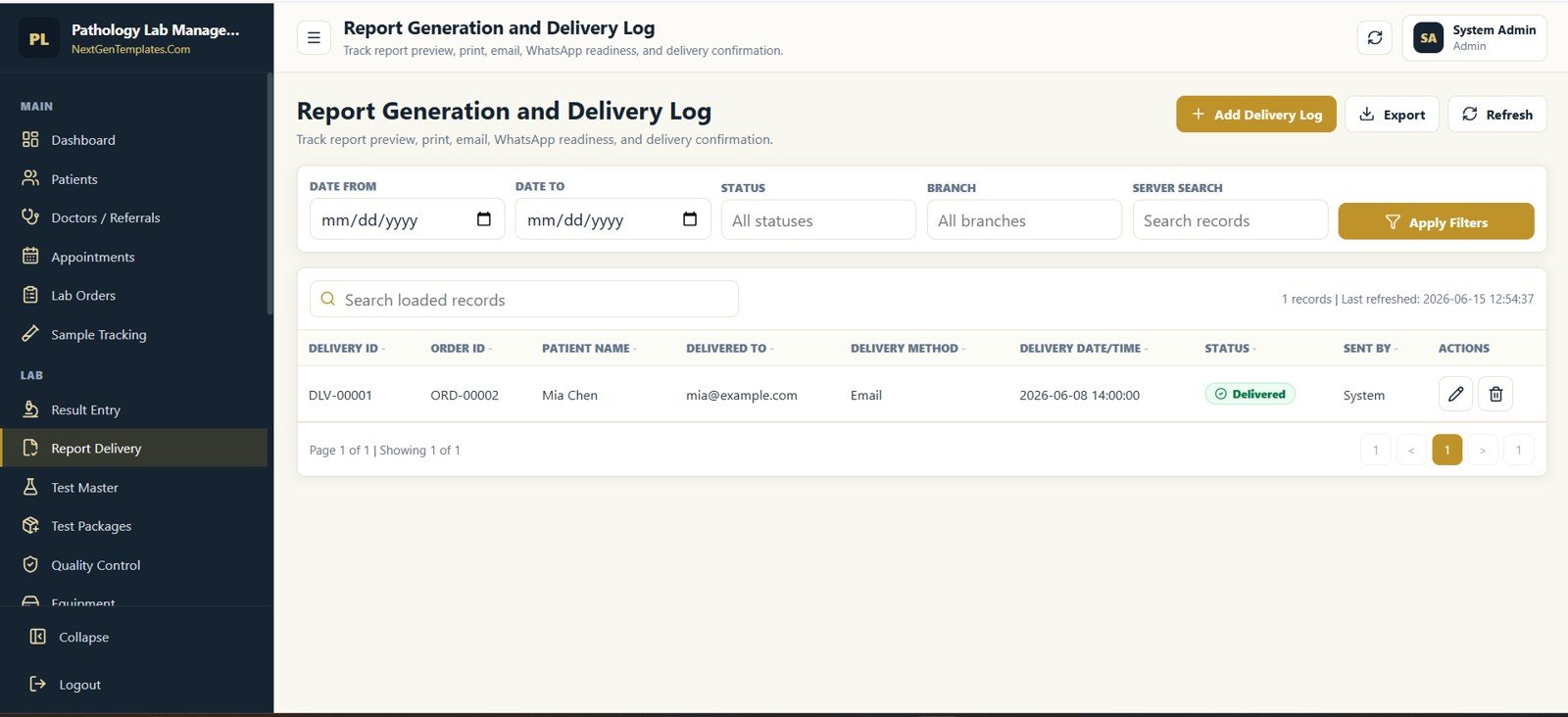 Report Generation and Delivery Log screen in Pathology Lab Management System Web App