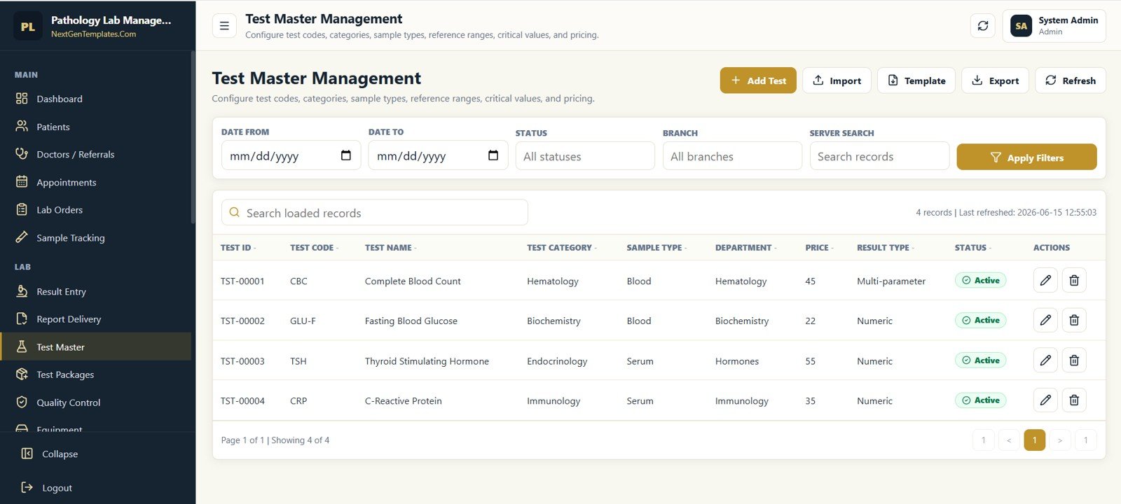 Test Master Management screen in Pathology Lab Management System Web App
