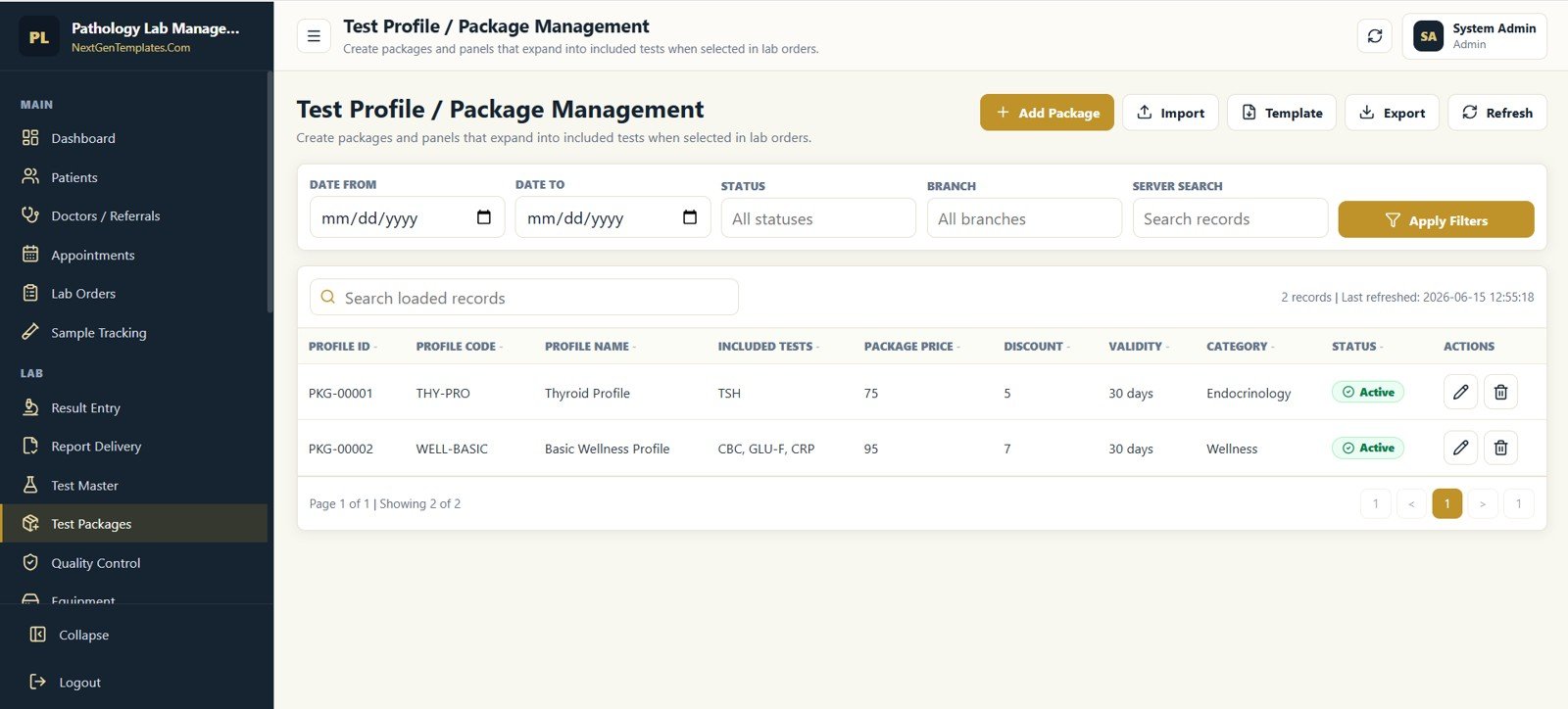Test Profile Package Management screen in Pathology Lab Management System Web App