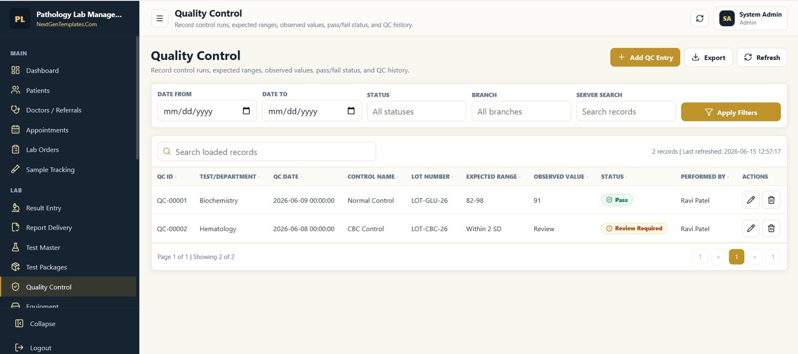 Quality Control screen in Pathology Lab Management System Web App