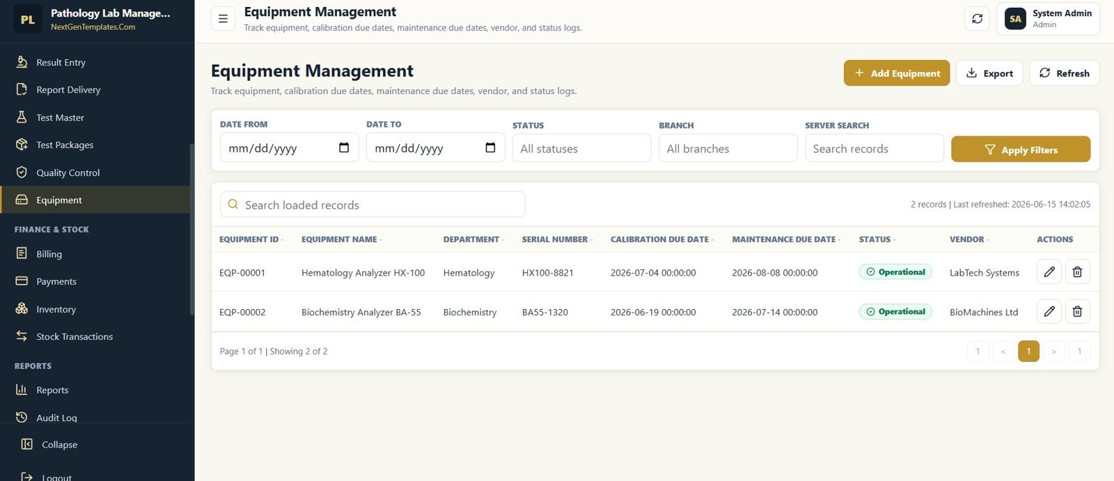 Equipment Management screen in Pathology Lab Management System Web App