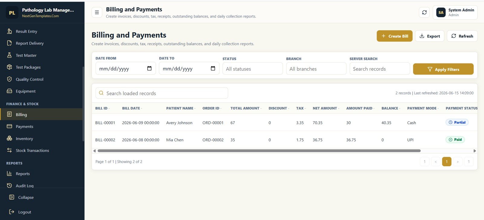 Billing and Payments screen in Pathology Lab Management System Web App