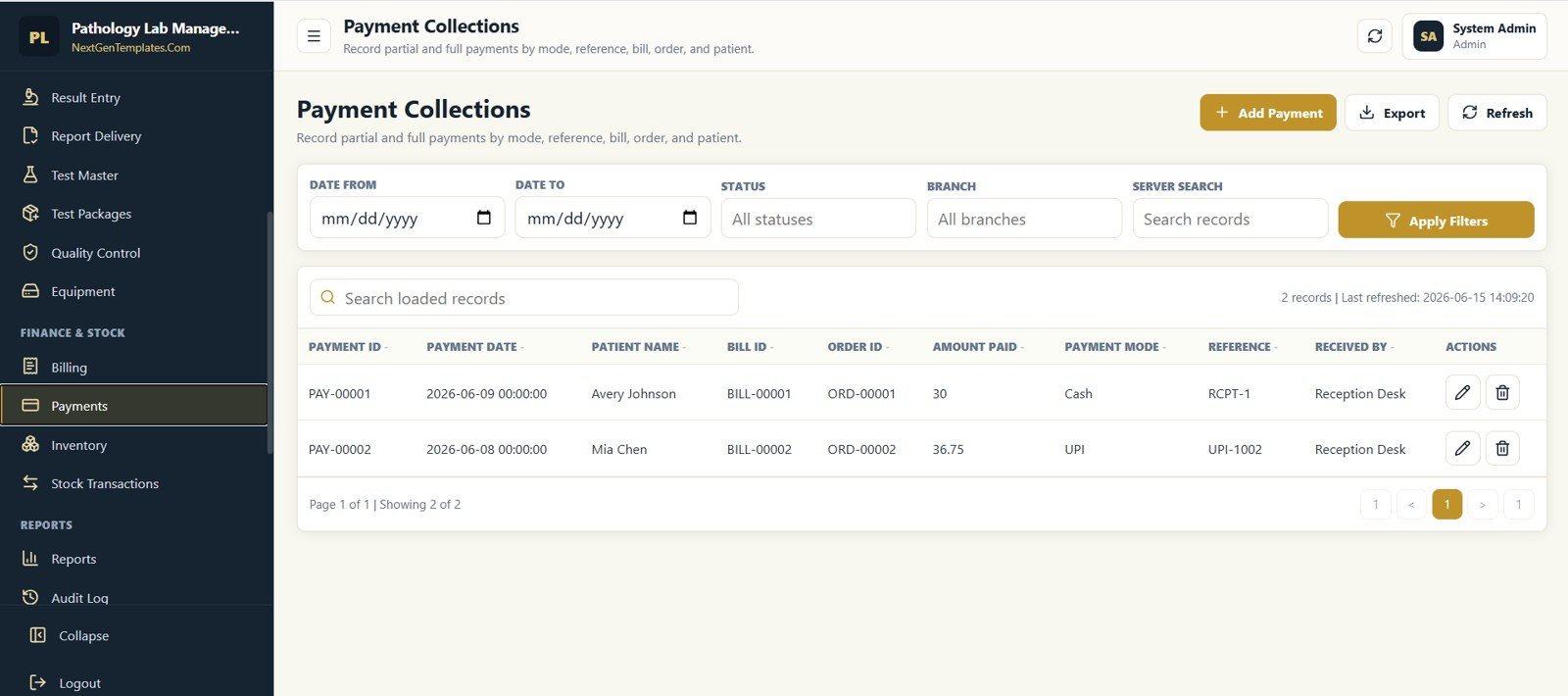 Payment Collections screen in Pathology Lab Management System Web App