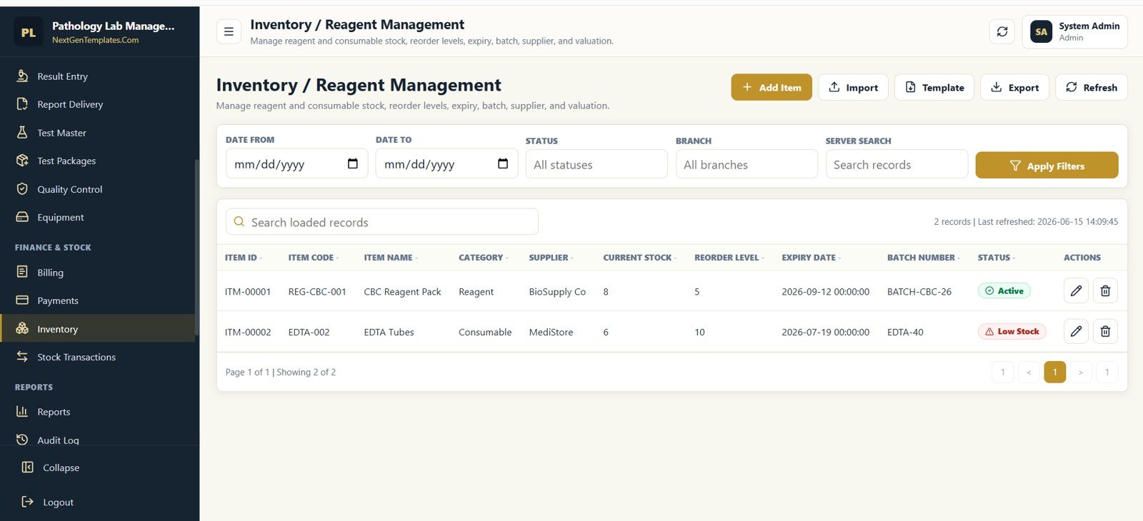 Inventory Reagent Management screen in Pathology Lab Management System Web App