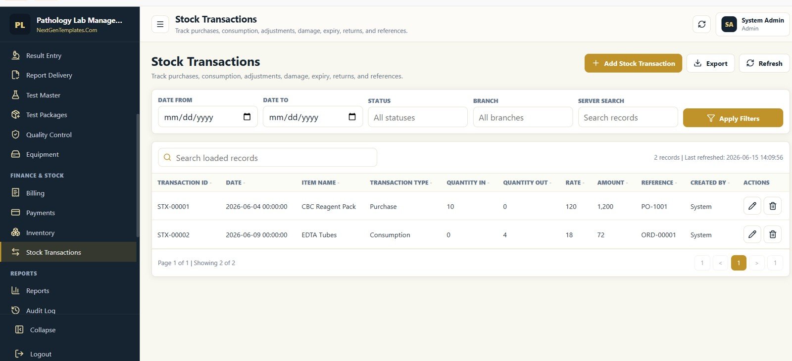 Stock Transactions screen in Pathology Lab Management System Web App