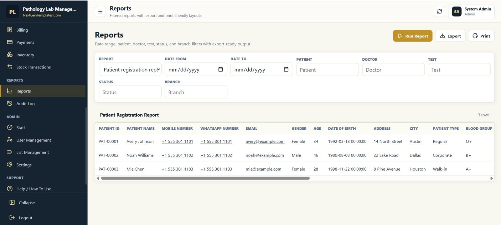 Reports screen in Pathology Lab Management System Web App