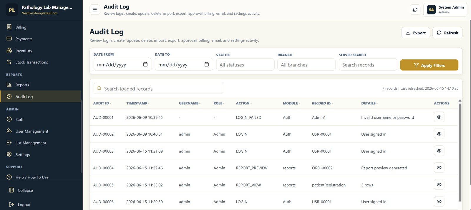 Audit Log screen in Pathology Lab Management System Web App