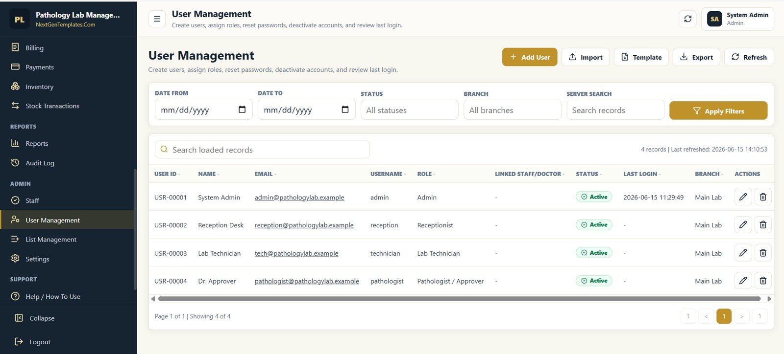 User Management screen in Pathology Lab Management System Web App