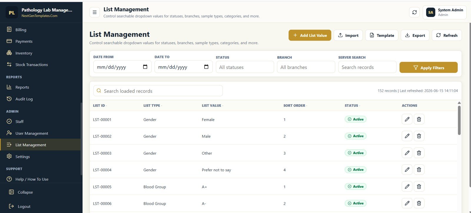 List Management screen in Pathology Lab Management System Web App