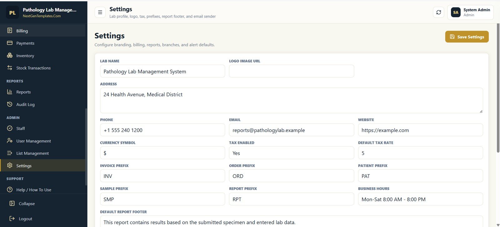 Settings screen in Pathology Lab Management System Web App