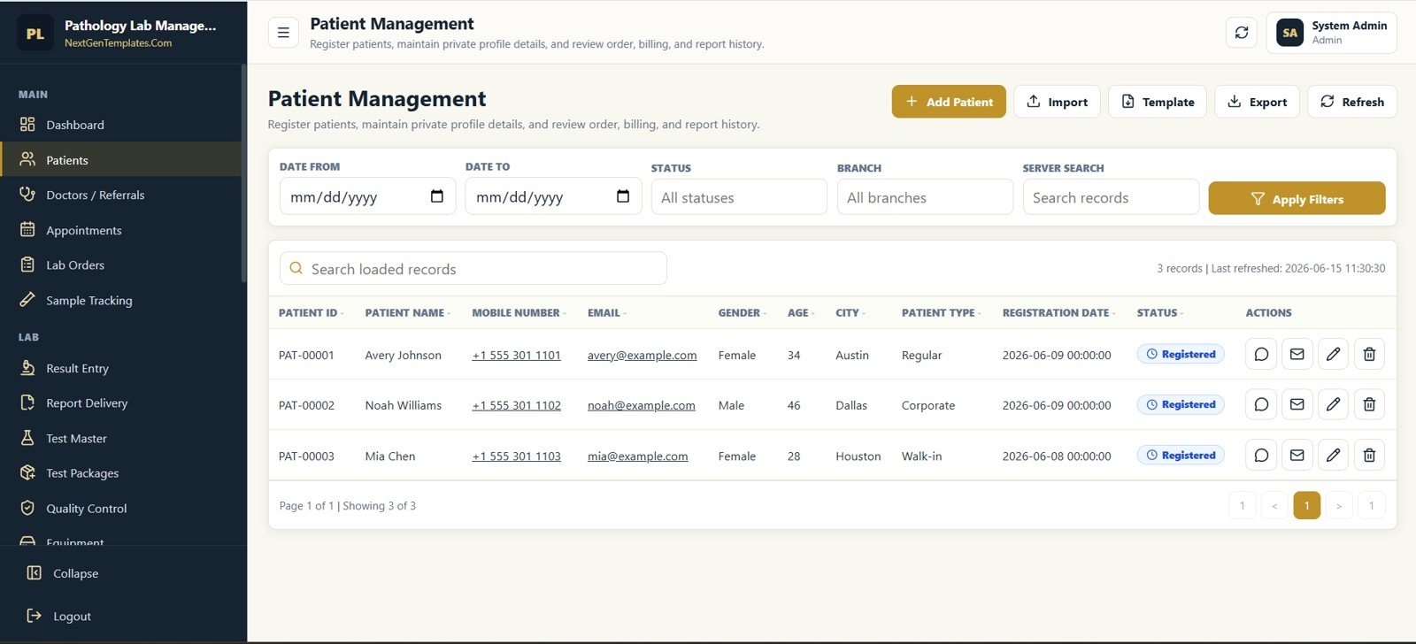 Patient Management screen in Pathology Lab Management System Web App
