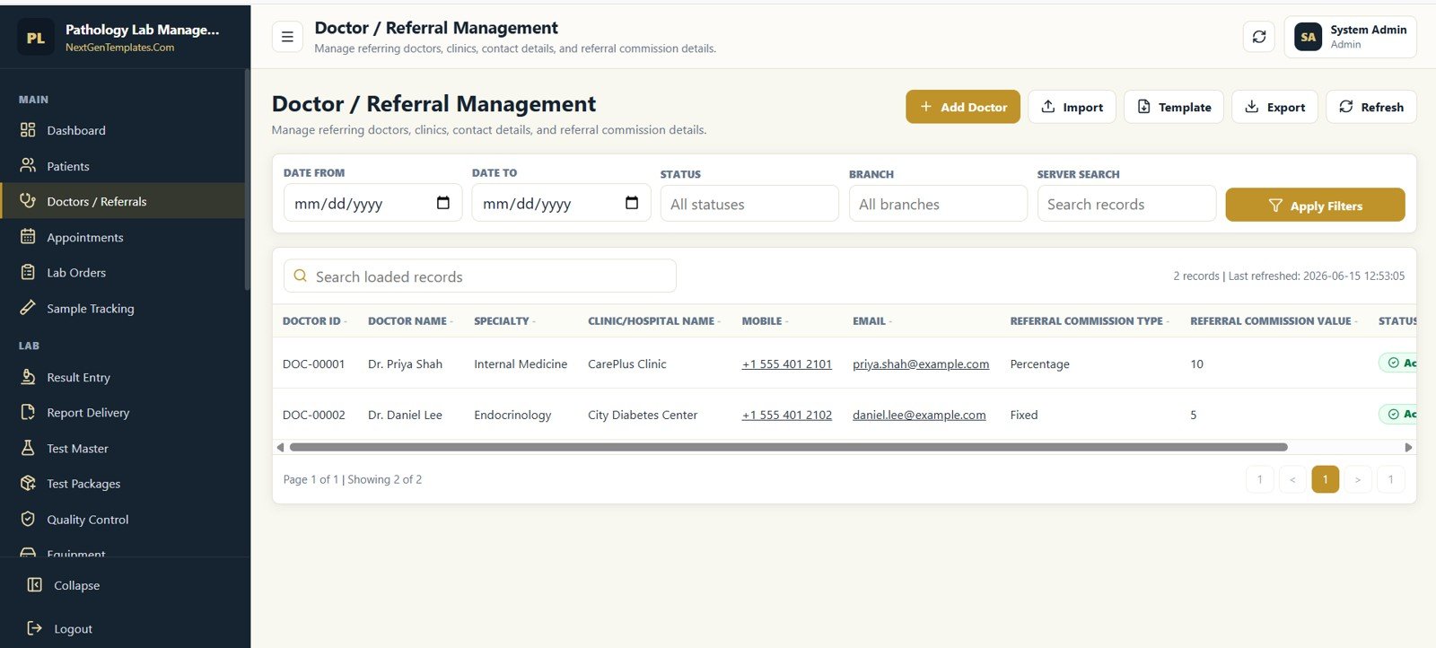 Doctor Referral Management screen in Pathology Lab Management System Web App