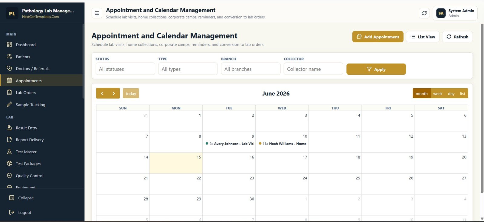 Appointment Calendar Management screen in Pathology Lab Management System Web App