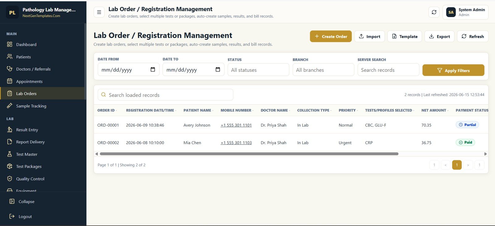 Lab Order Registration Management screen in Pathology Lab Management System Web App