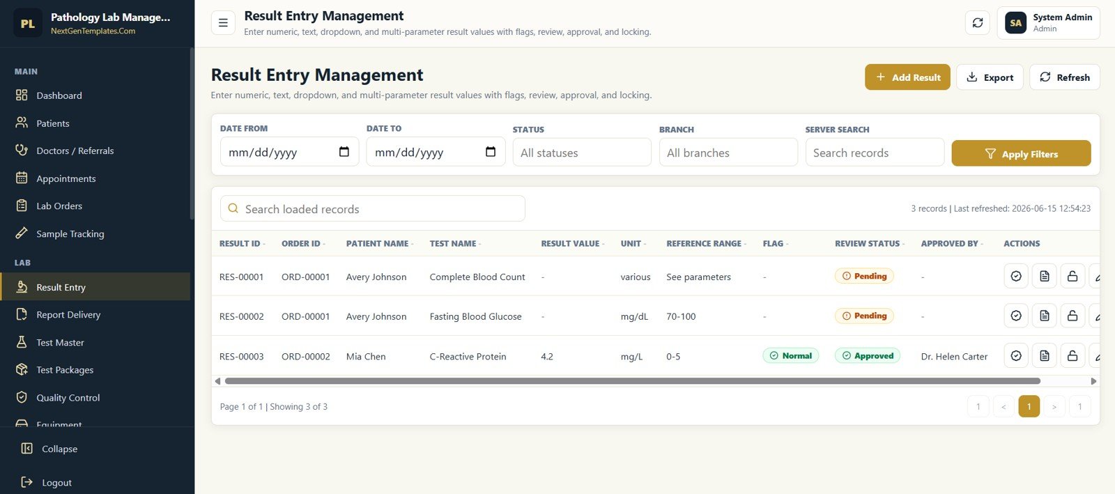 Result Entry Management screen in Pathology Lab Management System Web App