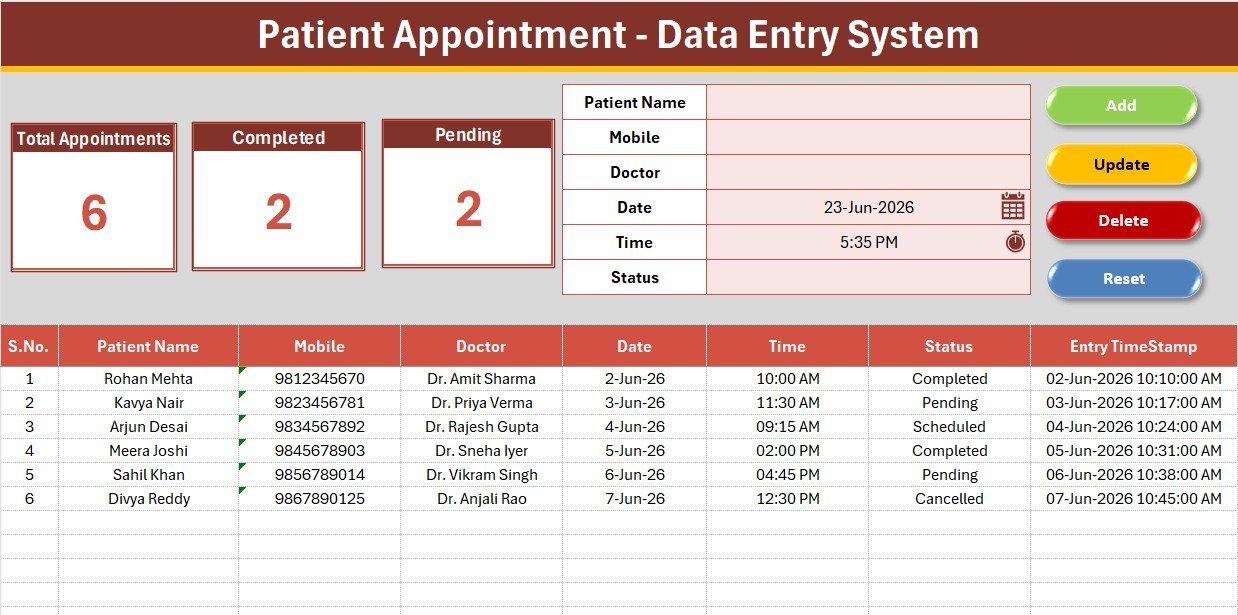 Patient Appointment Data Entry System in Excel dashboard with KPI cards and records table