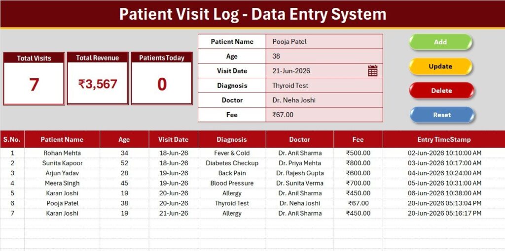 Patient Visit Log Data Entry System in Excel - Next Gen Templates