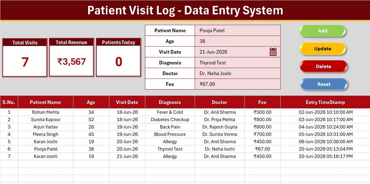 Patient Visit Log Data Entry System in Excel