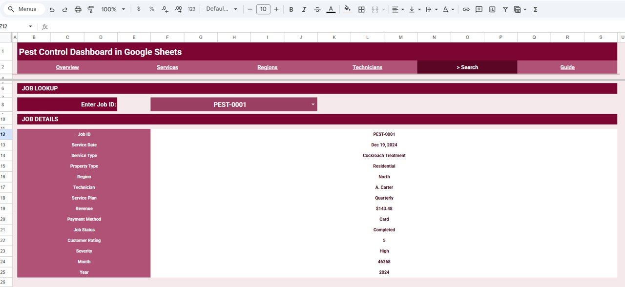 Pest Control Dashboard in Google Sheets Search Sheet tab