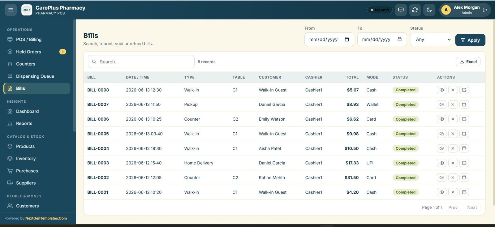 Pharmacy POS Web App bills register