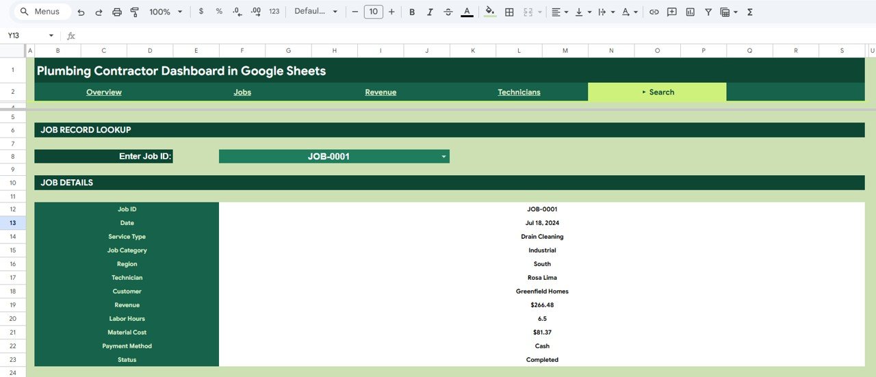 Plumbing Contractor Dashboard in Google Sheets - Search Sheet