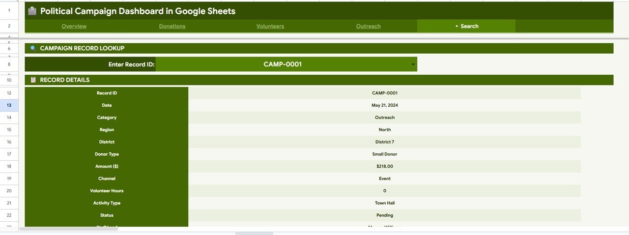 Political Campaign Dashboard in Google Sheets - Search Sheet