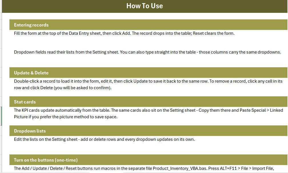 Product Inventory Data Entry System in Excel - Setting Sheet