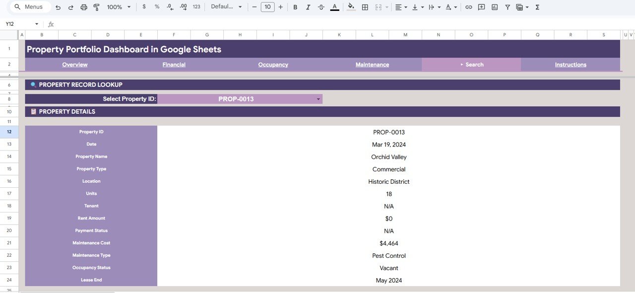 Property Portfolio Dashboard in Google Sheets - Search Sheet