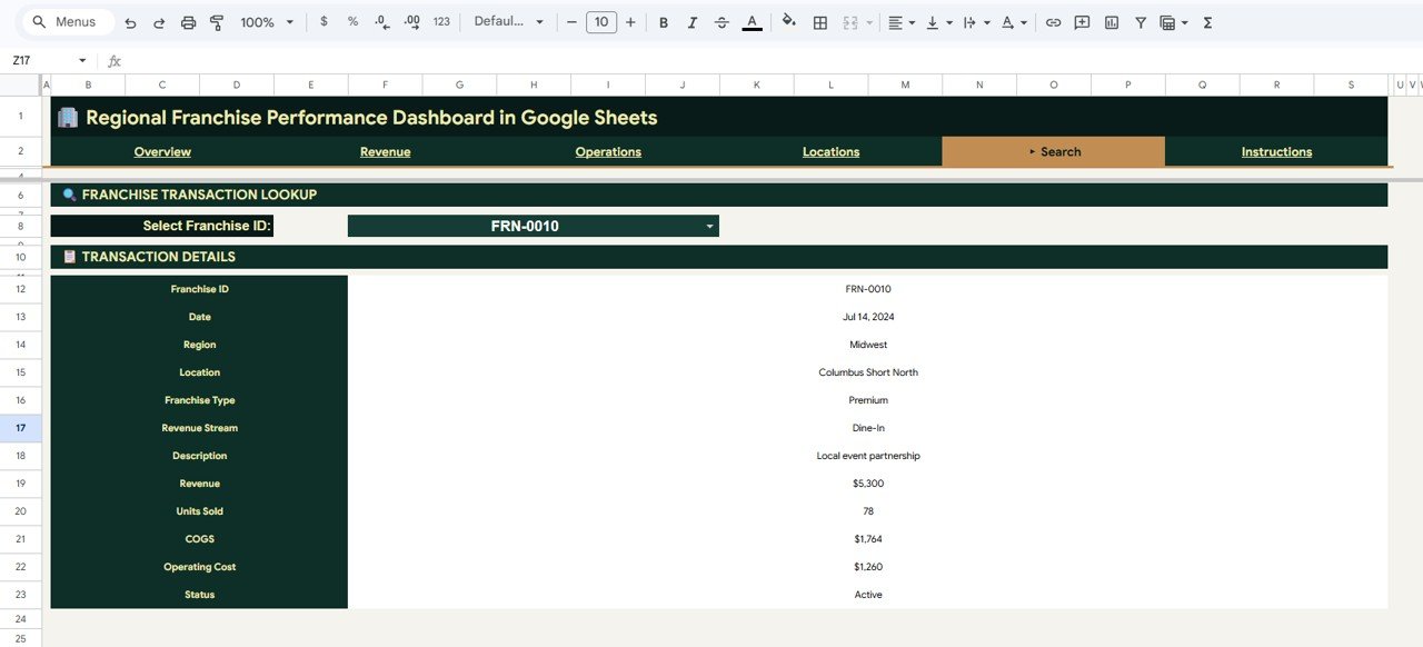 Regional Franchise Performance Dashboard in Google Sheets - Search Sheet tab