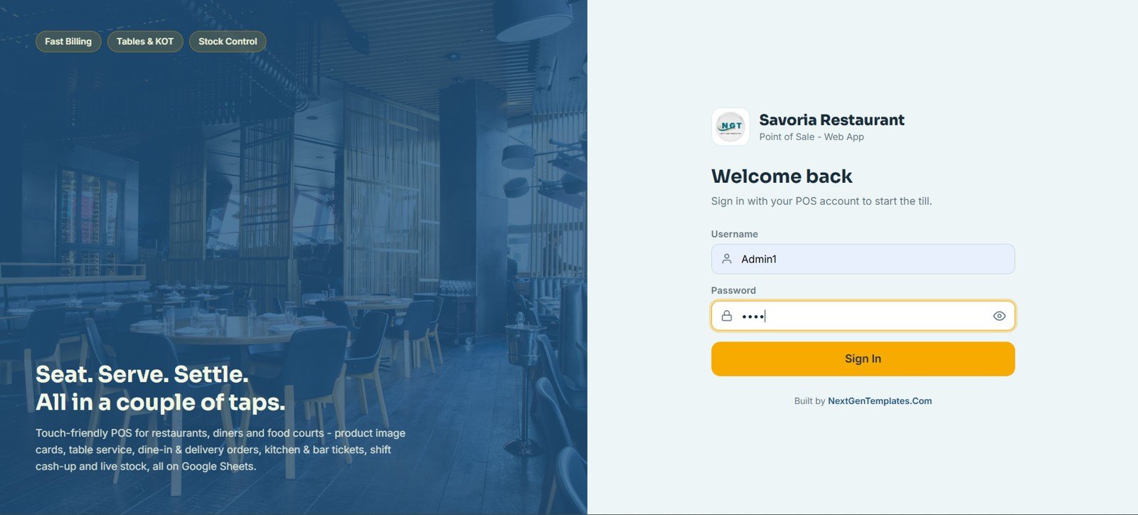 Restaurant POS Web App - Login Page