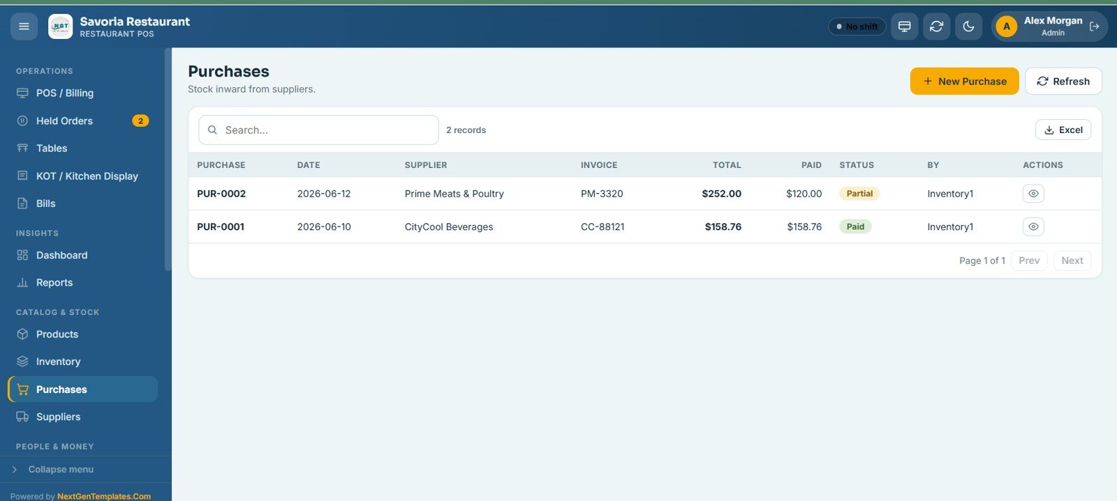 Restaurant POS Web App - Purchases
