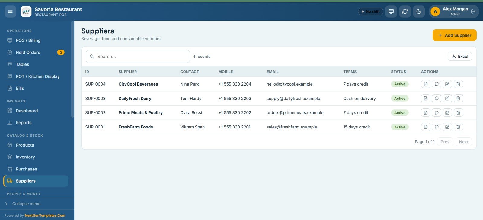 Restaurant POS Web App - Suppliers Directory