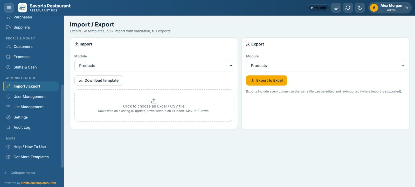 Restaurant POS Web App - Import Export