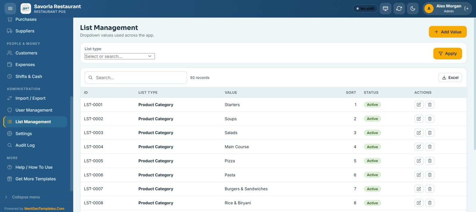 Restaurant POS Web App - List Management