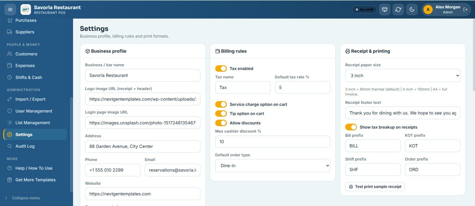 Restaurant POS Web App - Settings
