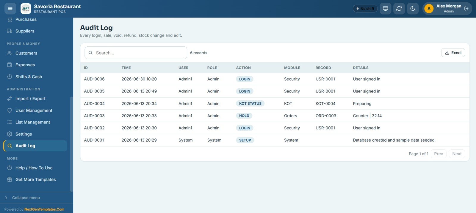 Restaurant POS Web App - Audit Log