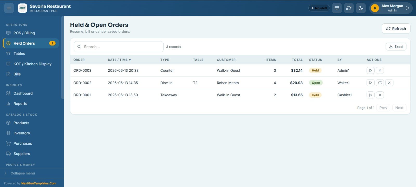 Restaurant POS Web App - Held and Open Orders